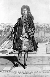 Retrato de John Law (1671 - 1729) a pé, Scottish Financial que causou a falência em 1720 (Evento da Rua Quincampoix)