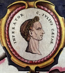 Retrato de Júlio César (101 - 44 AC), general romano e político. Gravura do final do século XVIII. . Milão.
