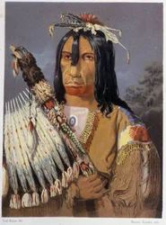 Retrato de Kee-Ake-Saa-Ka-Wow com o calumet - em "Wandering of an artist among the indians of north america" de Paul Kane, Longmans & Roberts, Londres