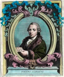 Retrato de Pietro Nardini (1722 - 1793), violinista e compositor italiano. Gravura do século XVIII. Coleção particular.
