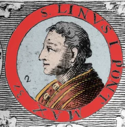 Retrato do Papa Lin (Linus, San Lino) eveque de Roma e sucessor de Pedro. Século I. Gravura do século XIX.
