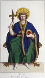 Retrato de Pépin le Brief (v. 714 - 768), Rei dos Francos, primeira gravura carolíngia de 1830