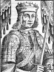 Retrato de Roger II de Hauteville (Ruggero Altavilla) (1097-1154), fundador da monarquia da Sicília. Xilografia do século XVI.
