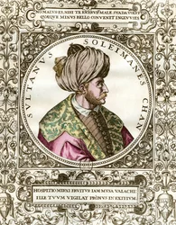 Retrato de Solimão o Magnífico (1494 - 1566) Sultão Otomano. Gravura do século XVI. Coleção particular.