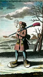 Retrato de um canadiano em sapatos de neve a ir para a guerra. Gravura do século XVIII. Colecção privada.