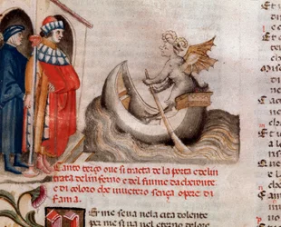 Retrato do poeta italiano Dante Alighieri olhando para Charon seu barco atravessando o Acheron com as almas (canção 3 do Inferno, na Divina Comédia) - miniatura do século XV