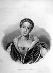 Retrato da veneziana Bianca Cappello (1548 - 1587), esposa de François de Medici. Gravura do século XIX.