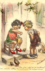 Cartão postal, Kitsch, duas crianças com um moedor de café, menina e menino