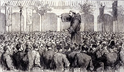 Predicação de um monge capuchinho aos pelerins que vieram a Lourdes nos altos Pirenéus, onde a Virgem apareceu a Bernadette Soubirous (1844-1879) em 1858, atual local de peregrinação. Gravura de 1877