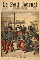 Preparação para manobras na neve: em vez de usarem óculos com lentes fumadas, os soldados estão cobertos de fuligem preta. Gravura em “Le Petit Journal”, 17/03/1895. Coleção Selva.