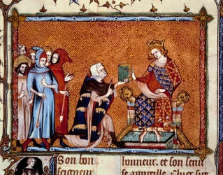 Apresentação do livro: Jean de Joinville (1224-1317) oferece seu livro a Louis King of Navarre futuro Louis X o hutin. Miniatura em "Vie de Saint Louis".