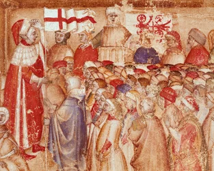 Apresentação da bandeira militar a um príncipe da família dos Carraresi, senhores da cidade de Pádua Miniatura de "Chronica Carrariensibus" (Crónicas da família dos Carraresi) Biblioteca Capitolare do século XIV, Pádua