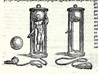 Projeto do primeiro escafandro de Nicoli Fontana conhecido como Tartaglia (1499 - 1557) em 1551. Gravura do século XVI.