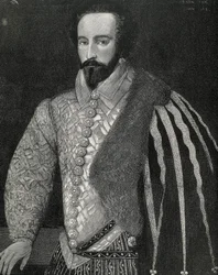 Raleigh, Sir Walter (1554-1618). Marinheiro, explorador e corretor inglês. Retrato de Sir Walter Raleigh. Gravado em 1891, executado a partir de um original anónimo que se encontra na National Portrait Gallery de Londres. Gravura.