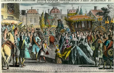 Recepção do infante de Espanha Marie Anne Victoire (1718-1781) pelo Rei Luís XV em Paris, no Louvre, a 2 de Março de 1722. Mariana Victoria de Borbon foi noiva aos 3 anos de idade para Luís XV aos 11 anos de idade. Gravura do século XVIII. Coleção privada