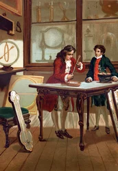 René Antoine Ferchault de Réaumur (1683-1757), químico e físico francês, construindo seu termômetro em 1730. após "La Ciencia y sus Hombres par Louis Figuier" Barcelona 1881
