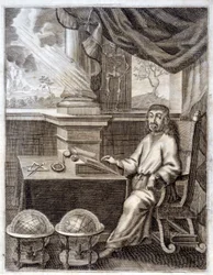 René Descartes (1596 - 1650) no seu escritório com equipamento científico. Gravura do século XVII.