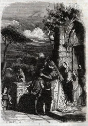 Renaud retornando para sua família - gravura de 1851 de “” Furious Roland ””