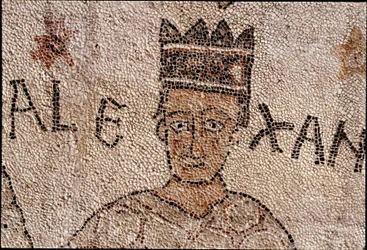 Representação de Alexandre o Grande (356-323 AC), Rei de Macedoine e conquistador da Pérsia, cercou a fauna indiana durante a conquete da Índia. Pavimento de Pantaleone (ou Pantaleão
