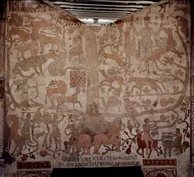 Representação de Alexandre o Grande (356-323 AC), rei de Macedoine e conquistador da Pérsia, rodeia a fauna indiana durante a conquista da Índia à direita, à esquerda Diana caçando veados, e os lutadores, símbolos cristãos. Pavimento de Pantaleone (ou Pa