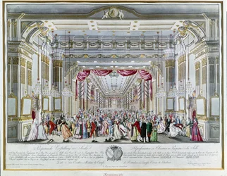 Representação de «La clemenza di Tito» (A Clemência de Tito), de Wolfgang Amadeus Mozart (1756-1791), nas festividades da coroação do imperador Leopoldo II da Áustria (1747-1792) como rei da Boémia, em 1791, no teatro da Rua Real de Praga. Museu de Praga