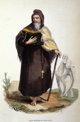 Representação de Santo Antônio o Grande, anáforo egípcio (251 - 356), fundador do eremitismo cristão e São Paulo de Tebas (ele teria precedido Santo Antônio em Thebaide). Gravura do século XIX.