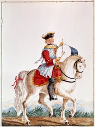 Representação de um mosqueteiro francês do período de Luís XV. Gouache do século XVIII Paris, B.N.
