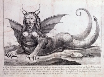 Representação de uma harpia, um monstro encontrado num lago peruano: tem rosto humano, chifres, asas de dragão, juba de leão, corpo de réptil, seios de mulher (estampa 1784)