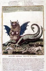 Representação de um monstro encontrado num lago de Perou: tem rosto humano, chifres, asas de dragão, juba de leão, corpo de réptil, peito de mulher. Impressão popular do século XVIII.