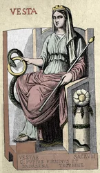 Representação da deusa romana Vesta, divindade dos Penates, assimilada a Héstia, deusa do lar, do campo e do pão.