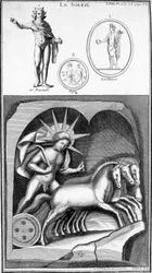 Representação do Sol e Apollo. Imagens desenhadas a partir de representações antigas. Gravura do século XIX.