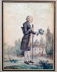 Representação do filósofo Jean Jacques Rousseau (1712-1778) colhendo flores em Ermenonville. Aquarela do século XVIII. Paris, Musee Carnavalet