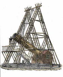 Representação do telescópio do astrônomo inglês William Herschel (1738-1822). Gravura do século XIX
