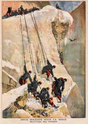 Resgate de 2 soldados do regimento da 97ª linha, numa missão de vigilância fronteiriça, vítimas de uma avalanche causada pelo derretimento da neve primaveril. Gravação no "Le petit journal" 14/05/1894. A coleção de Selva.