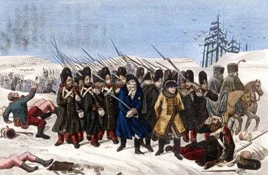 Retraído do exército francês de Moscovo em 1812. Gravura do século XIX.
