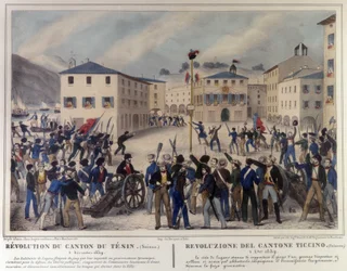 Revolução do Cantão do Ticino na Suíça em 5 de Dezembro de 1859. Gravura do século XIX.