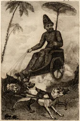 Robinson Crusoe em sua carruagem por seis dogues, gravura inserida em “Les aventures de Robinson Crusoe” por Daniel Defoe