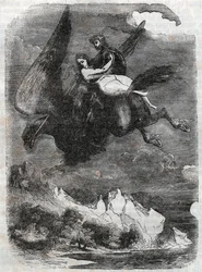 Roger (Ruggero, Ruggiero) e Angelique (Angelica) sobre o hipocampo - Gravura de 1851 de "Roland furieux" (Orlando furioso) (século XVI) de Ludovico Ariosto, conhecido como Ariosto - Edição traduzida do italiano pelo Conde de Tressan e publishe