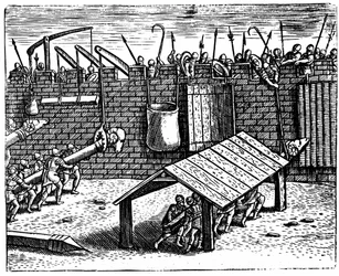 Guerra romana. Defensores que tentam desativar os aríetes