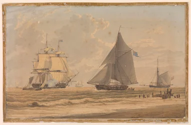 Navio à vela da Marinha Real junto à costa, início do século XIX (aguarela)