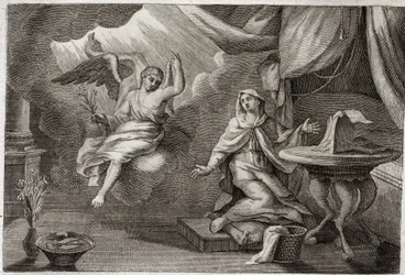 Bíblia de Royaumont, Novo Testamento: Anunciação da Virgem. O Arcanjo Gabriel veio para entregar uma mensagem a Maria. Ilustração de 1811.