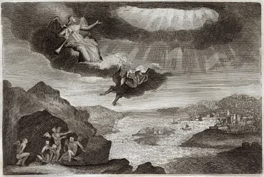 Bíblia de Royaumont, Novo Testamento: A quinta e sexta trombeta do Apocalipse. Os gafanhotos e os quatro anjos. Ilustração de 1811.