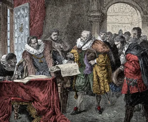 Rudolf II concede a Carta de Majestade - Imperador Rodolfo II da Áustria (1552-1612) concede a carta de majestade em 1609 (liberdade religiosa ao Reino de Boheme)