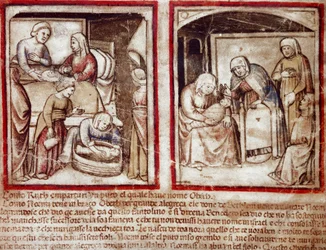 Rute dá à luz Obed (Obeth) filho de Boaz (Booz) Miniatura do códice 212 (ou códice padovano ou Bíblia de Pádua) 1390-1400 Rovigo, Accademia dei Concordi
