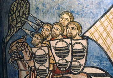ESPANHA. CASTELA E LEÃO. Valladolid. Mosteiro de São Bernardo de Valbuena. Grupo de soldados cristãos a cavalo. Escola castelhana. Século XIV. Pintura em afresco sobre "A Reconquista". Arte Gótica