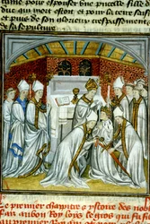 Coroação de Luís VI (1108) - Iluminura do manuscrito medieval em velino «Grandes Crónicas de Saint-Denis», finais do século XIV (ref. 512)