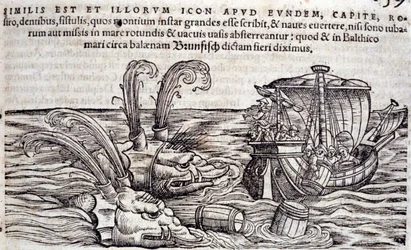 Marinheiros jogam barris no mar para distrair monstros em perseguição. Gravura em "Historia Animalium" de Conrad Gesner (1516-1565), Tiguri