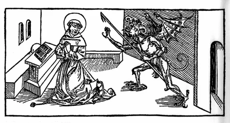 Santo Antônio o Grande (ou Santo Antônio o Eremita ou Santo Antônio a Abadia) tentado pelo demônio. Gravura de "Leben der Heiligen - sommerteil" (O livro do santo) de Jacobus (Tiago) de Voragine (1228-1298). Lubeck 1488.