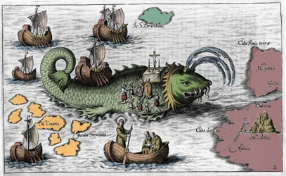 São Brandão (Brendan), herói e santo irlandês do século VI, a celebrar missa sobre o dorso da baleia gigante Jasconius. A lenda diz que o seu barco foi transportado sobre o dorso de uma baleia. Gravura colorida, século XVII