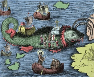 São Brendan (Brandan), herói e santo irlandês do século VI, representa a celebração da missa nas costas da baleia gigante Jasconius. Diz a lenda que seu barco foi carregado no dorso de uma baleia. Gravura colorida de "Nova Tipus Transacto Navigatio N